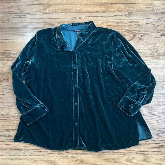 Bundle of 3 EILEEN FISHER Velvet Button Down Shirts - Blue, Hibiscus, Green - Picture 11 of 13